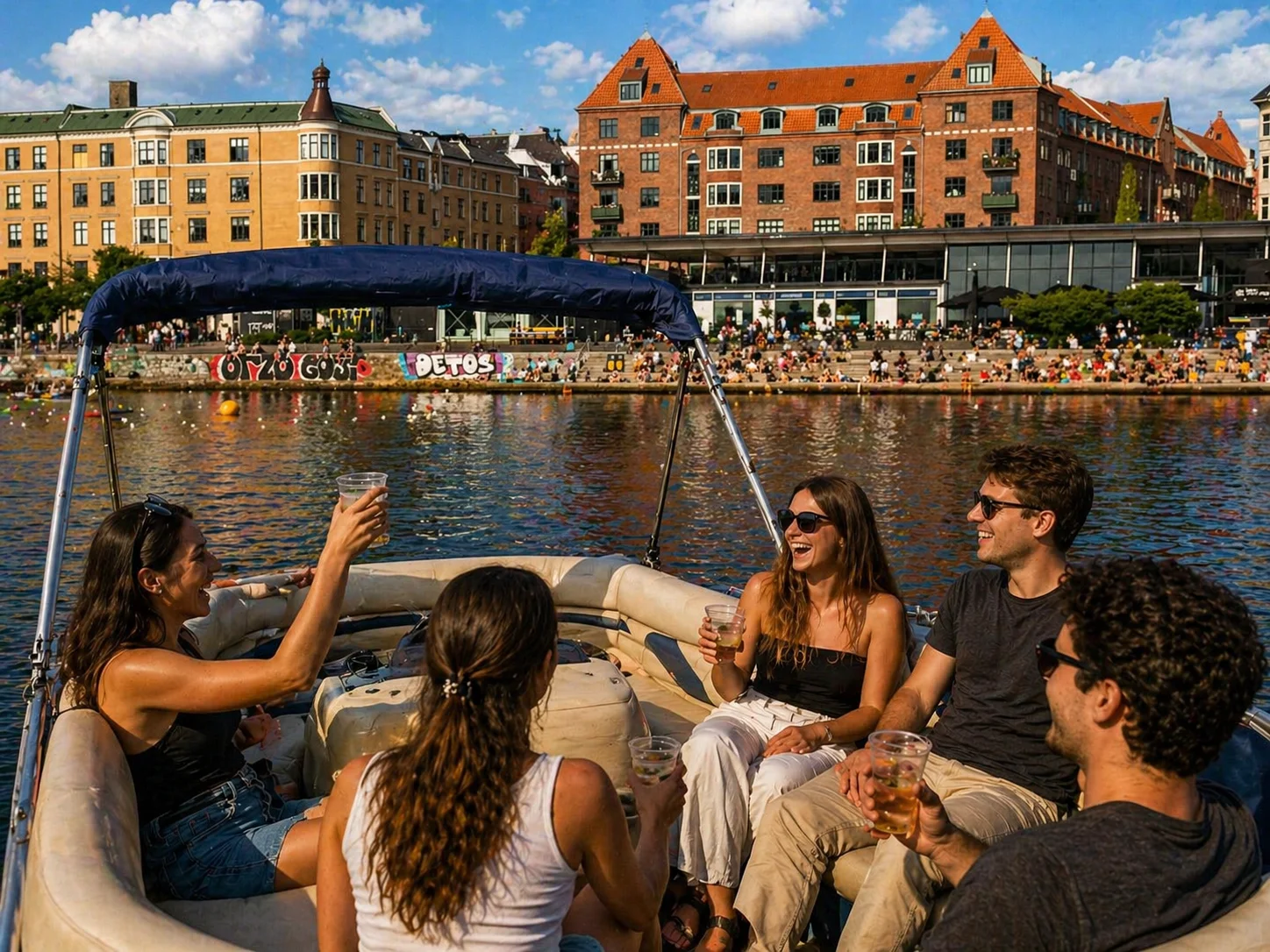 Guests enjoying the boat at sunset