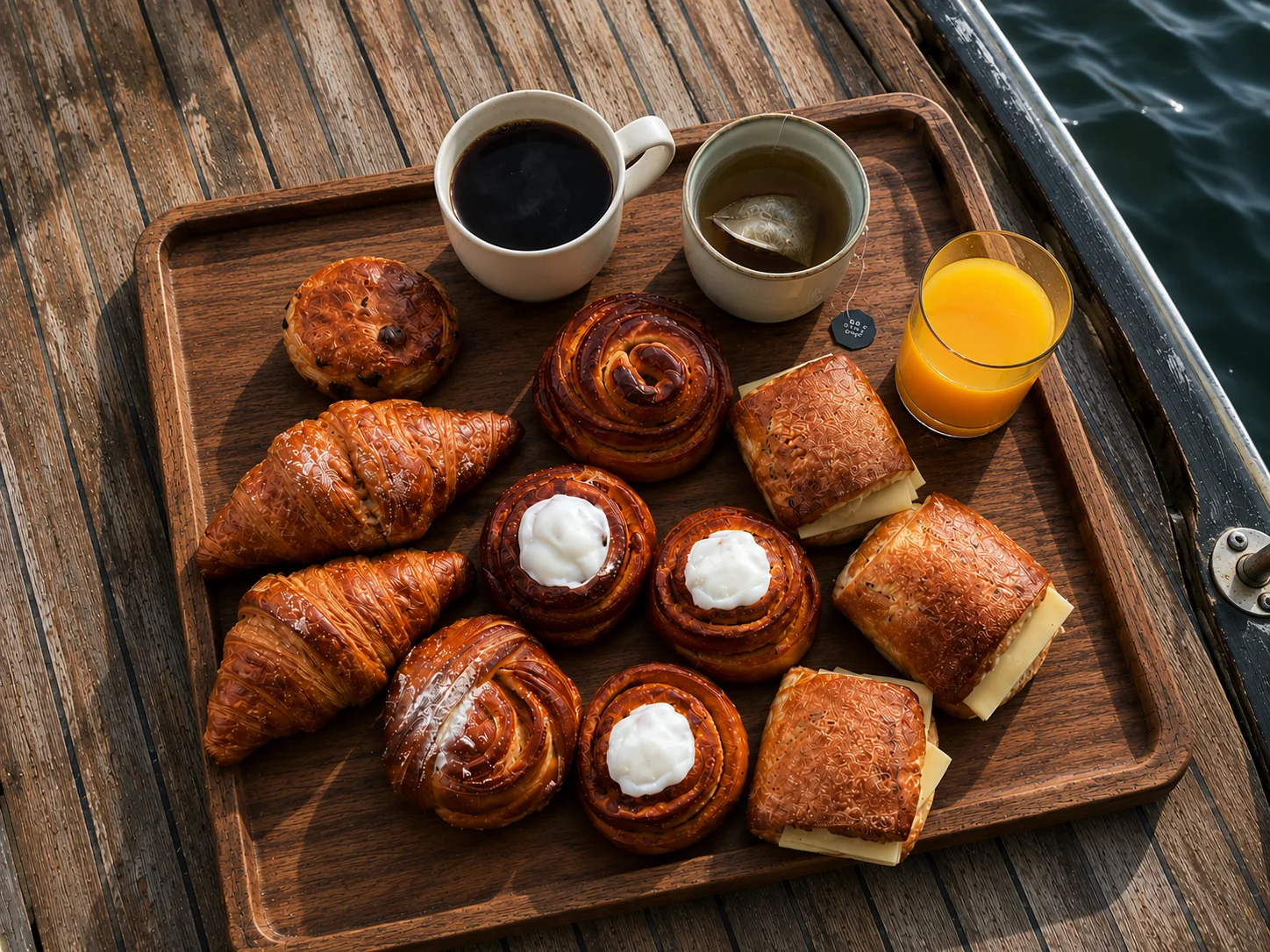 Danish breakfast tray — pastries, coffee, tea, juice