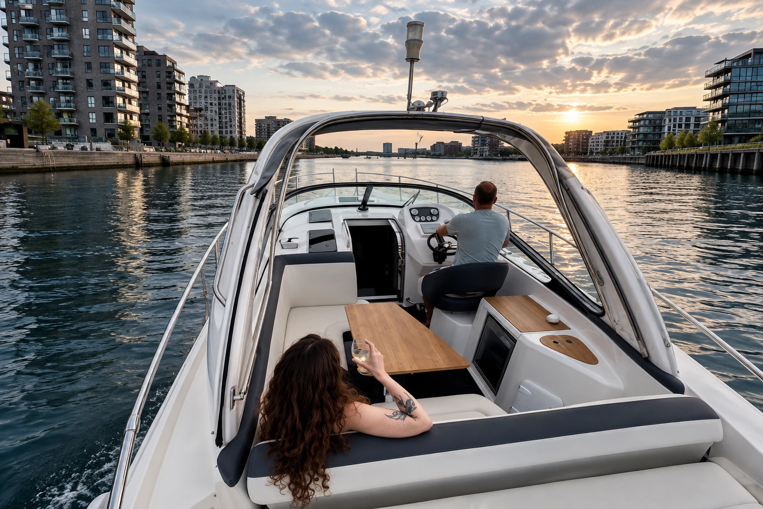 Guest enjoying a glass of wine aboard a private yacht at sunset in Copenhagen